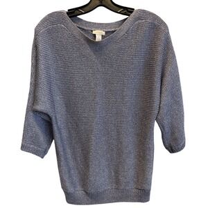 Chicos Size 1 (S/M) Metallic Knit Batwing Sleeve Sweater Blue Silver Sparkle